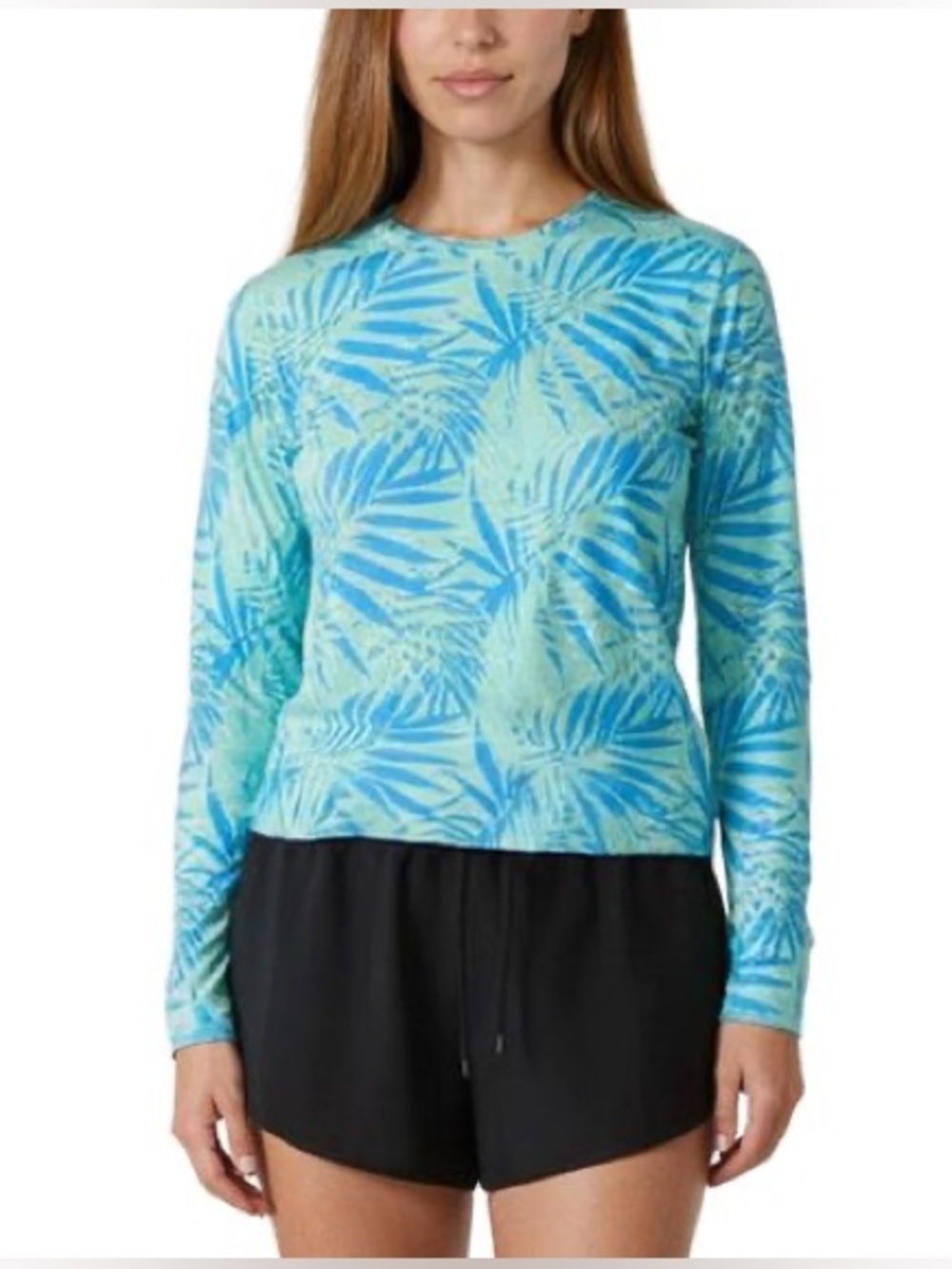 0118: Salt Life Women's Long Sleeve Palm Leaf Print Top - Aqua/Blue